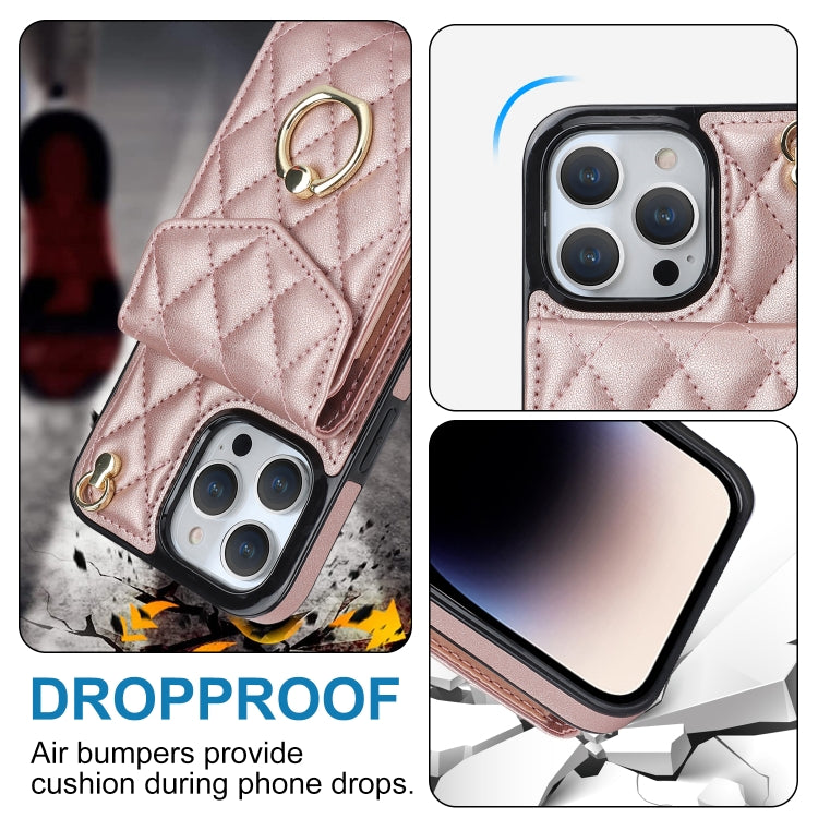 For iPhone 15 Rhombic Texture Card Bag Phone Case with Long Lanyard(Rose Gold) - iPhone 15 Cases by buy2fix | Online Shopping UK | buy2fix