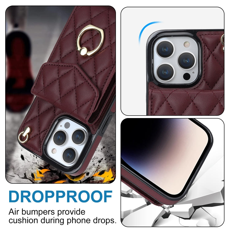 For iPhone 15 Rhombic Texture Card Bag Phone Case with Long Lanyard(Wine Red) - iPhone 15 Cases by buy2fix | Online Shopping UK | buy2fix