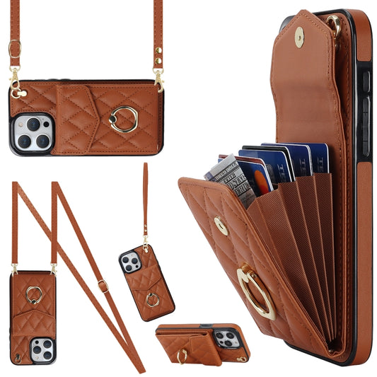 For iPhone 15 Rhombic Texture Card Bag Phone Case with Long Lanyard(Brown) - iPhone 15 Cases by buy2fix | Online Shopping UK | buy2fix