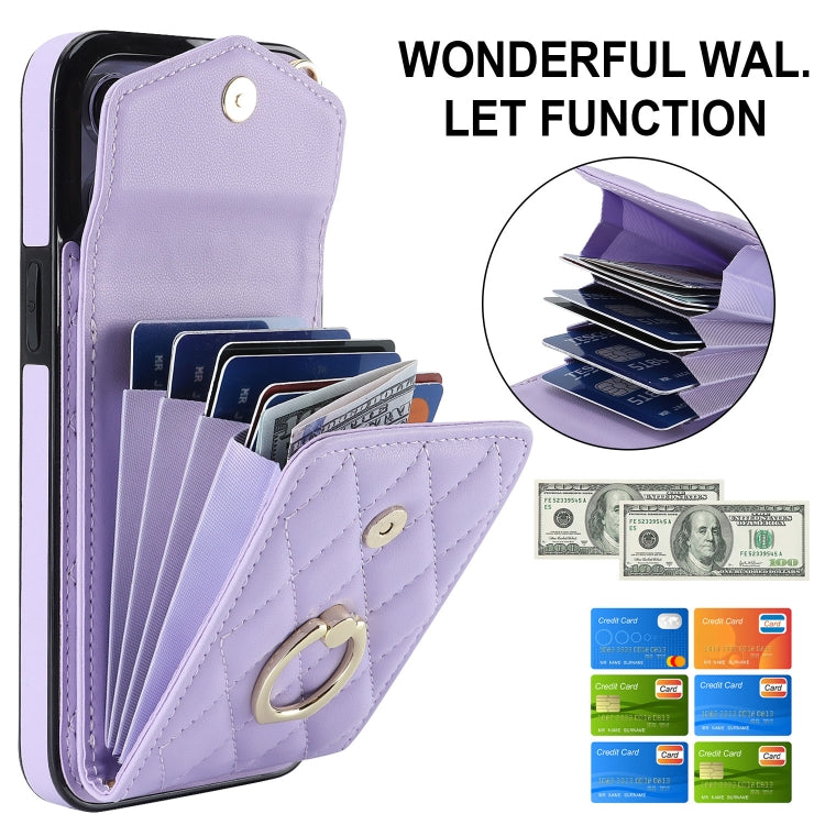 For iPhone 15 Rhombic Texture Card Bag Phone Case with Long Lanyard(Light Purple) - iPhone 15 Cases by buy2fix | Online Shopping UK | buy2fix