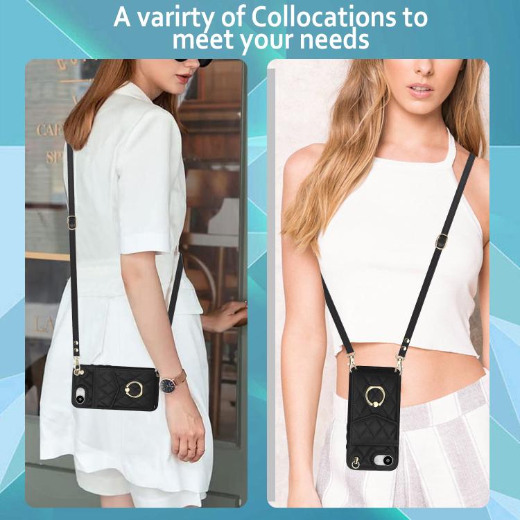 For iPhone 16e Rhombic Texture Card Bag Phone Case with Long Lanyard(Black) - iPhone 16e Cases by buy2fix | Online Shopping UK | buy2fix