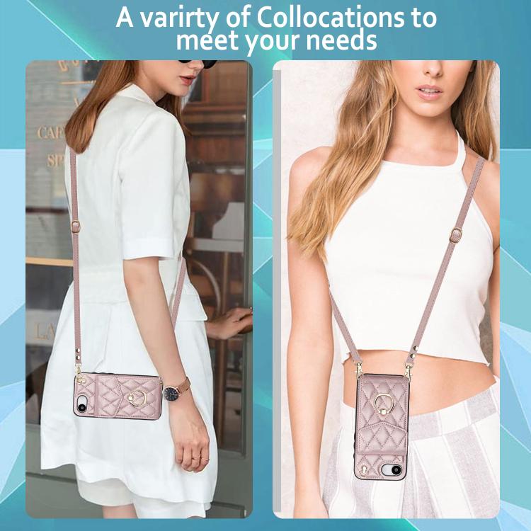 For iPhone 16e Rhombic Texture Card Bag Phone Case with Long Lanyard(Rose Gold) - iPhone 16e Cases by buy2fix | Online Shopping UK | buy2fix
