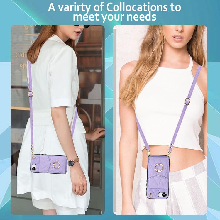 For iPhone 16e Rhombic Texture Card Bag Phone Case with Long Lanyard(Light Purple) - iPhone 16e Cases by buy2fix | Online Shopping UK | buy2fix