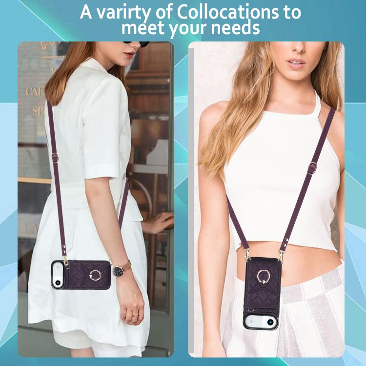 For iPhone Air Rhombic Texture Card Bag Phone Case with Long Lanyard(Dark Purple) - iPhone Air Cases by buy2fix | Online Shopping UK | buy2fix