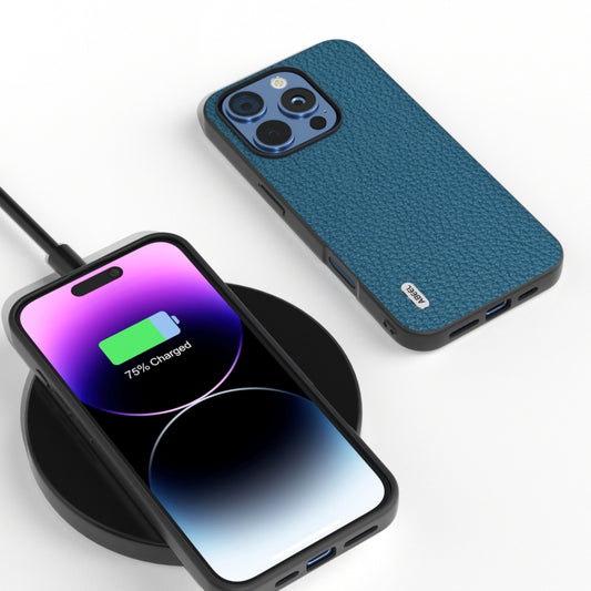 For iPhone 16 Pro Max ABEEL Genuine Leather Litchi Texture Phone Case(Blue) by buy2fix