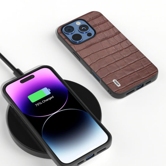 For iPhone 16 Pro ABEEL Crocodile Texture Genuine Leather Phone Case(Brown) by buy2fix