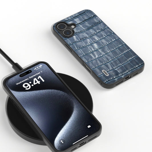 For iPhone 16 ABEEL Crocodile Texture Genuine Leather Phone Case(Blue) by buy2fix