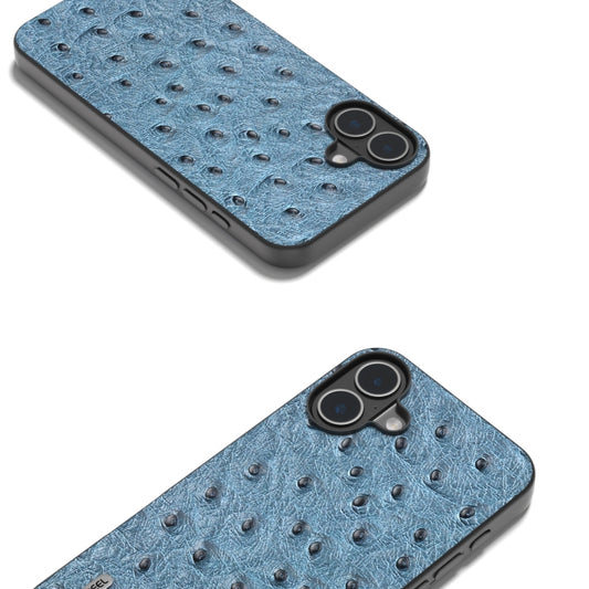 For iPhone 16 ABEEL Genuine Leather Ostrich Texture Phone Case(Blue) by buy2fix