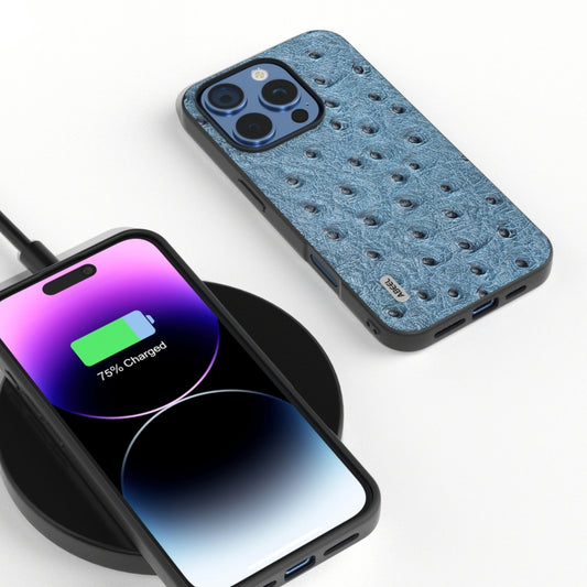 For iPhone 16 Pro ABEEL Genuine Leather Ostrich Texture Phone Case(Blue) by buy2fix