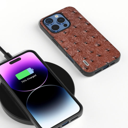 For iPhone 16 Pro ABEEL Genuine Leather Ostrich Texture Phone Case(Coffee) by buy2fix