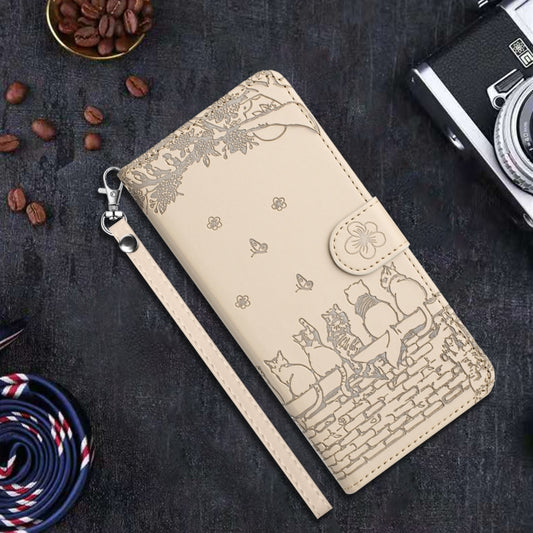 For iPhone 16 Plus Cat Embossing Pattern Leather Phone Case with Lanyard(Beige) by buy2fix