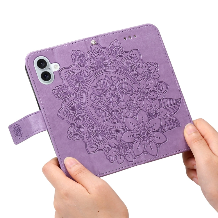 For iPhone 16 Plus Seven-petal Flowers Embossing Leather Phone Case(Light Purple) - iPhone 16 Plus Cases by buy2fix | Online Shopping UK | buy2fix