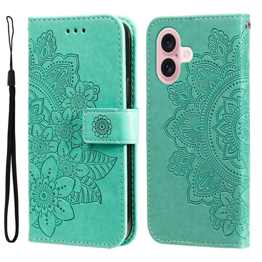For iPhone 16 Seven-petal Flowers Embossing Leather Phone Case(Green) - iPhone 16 Cases by buy2fix | Online Shopping UK | buy2fix