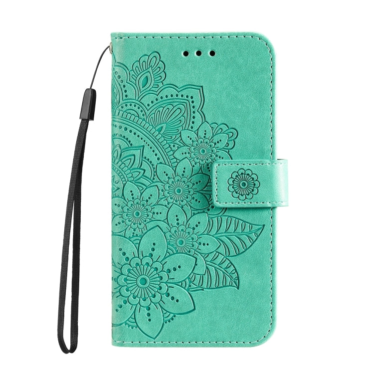 For iPhone 16 Seven-petal Flowers Embossing Leather Phone Case(Green) - iPhone 16 Cases by buy2fix | Online Shopping UK | buy2fix