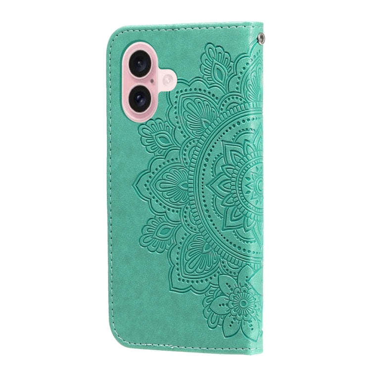 For iPhone 16 Seven-petal Flowers Embossing Leather Phone Case(Green) - iPhone 16 Cases by buy2fix | Online Shopping UK | buy2fix
