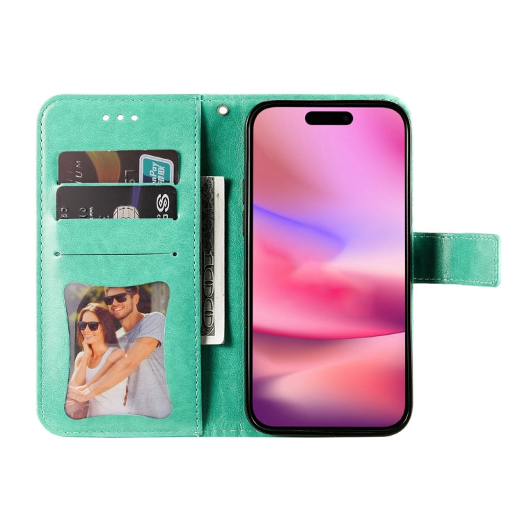 For iPhone 16 Seven-petal Flowers Embossing Leather Phone Case(Green) - iPhone 16 Cases by buy2fix | Online Shopping UK | buy2fix