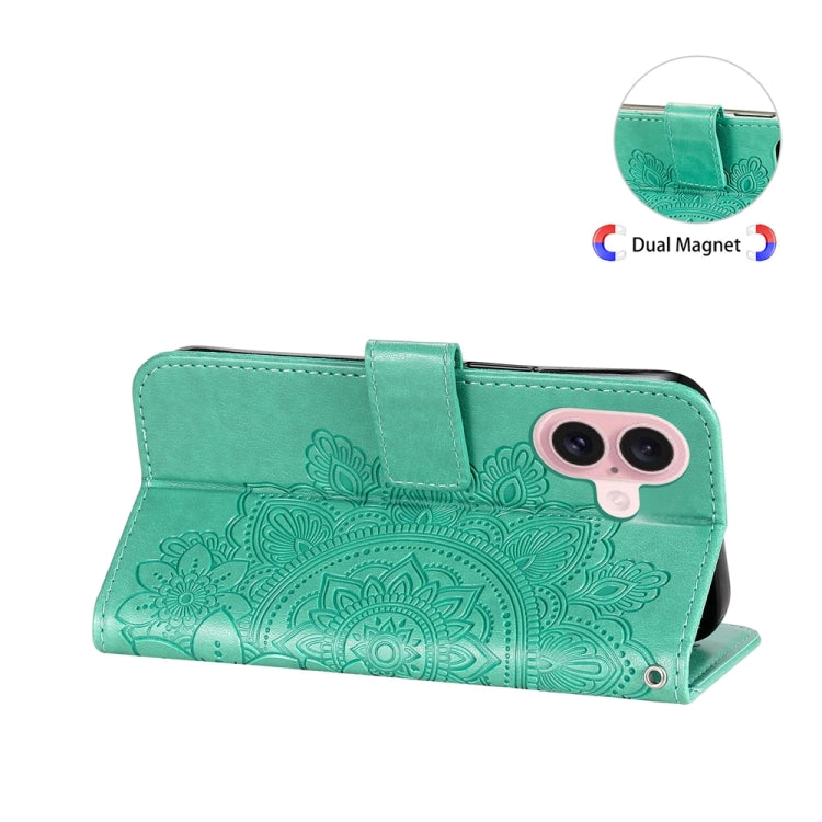 For iPhone 16 Seven-petal Flowers Embossing Leather Phone Case(Green) - iPhone 16 Cases by buy2fix | Online Shopping UK | buy2fix