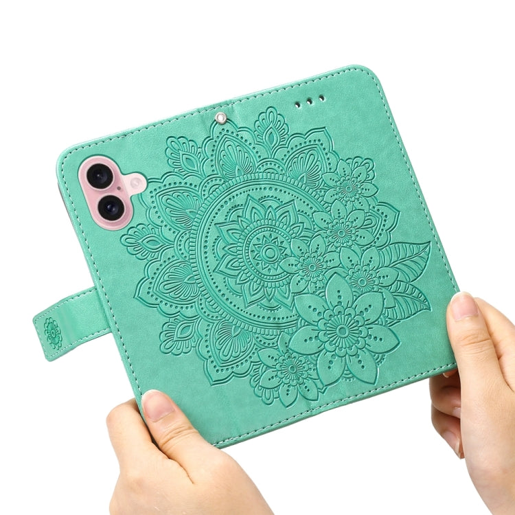 For iPhone 16 Seven-petal Flowers Embossing Leather Phone Case(Green) - iPhone 16 Cases by buy2fix | Online Shopping UK | buy2fix