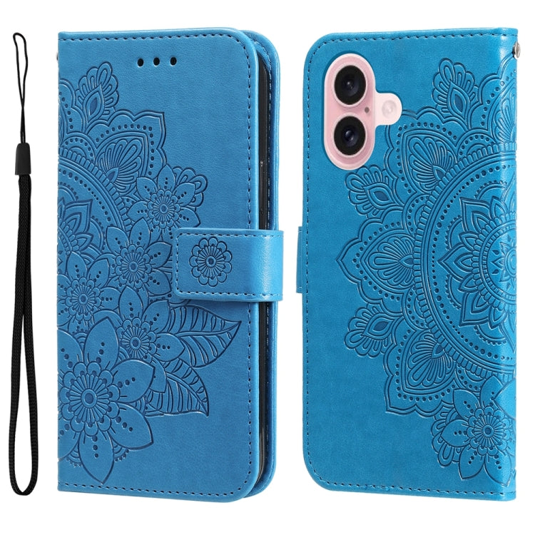 For iPhone 16 Seven-petal Flowers Embossing Leather Phone Case(Blue) - iPhone 16 Cases by buy2fix | Online Shopping UK | buy2fix