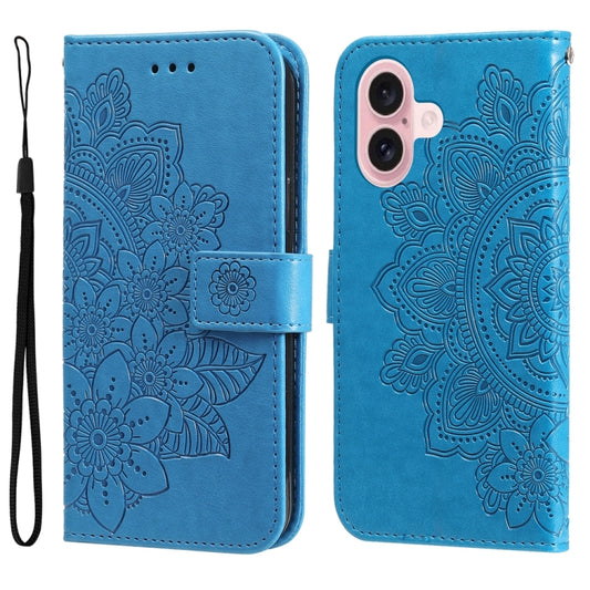 For iPhone 16 Seven-petal Flowers Embossing Leather Phone Case(Blue) - iPhone 16 Cases by buy2fix | Online Shopping UK | buy2fix