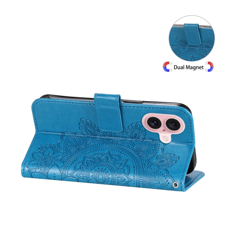 For iPhone 16 Seven-petal Flowers Embossing Leather Phone Case(Blue) - iPhone 16 Cases by buy2fix | Online Shopping UK | buy2fix