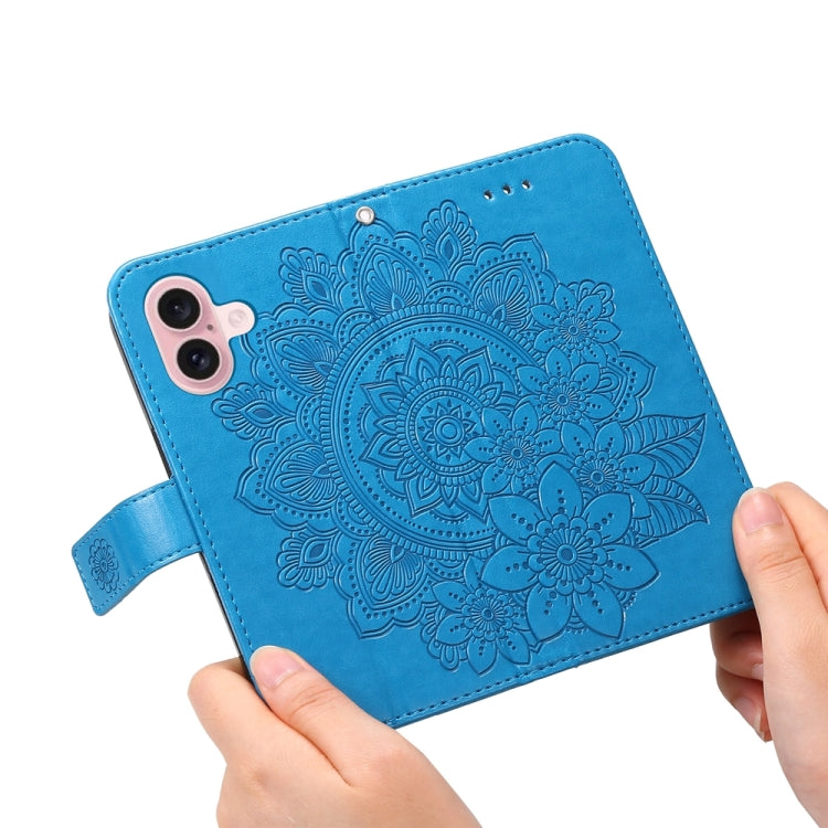 For iPhone 16 Seven-petal Flowers Embossing Leather Phone Case(Blue) - iPhone 16 Cases by buy2fix | Online Shopping UK | buy2fix