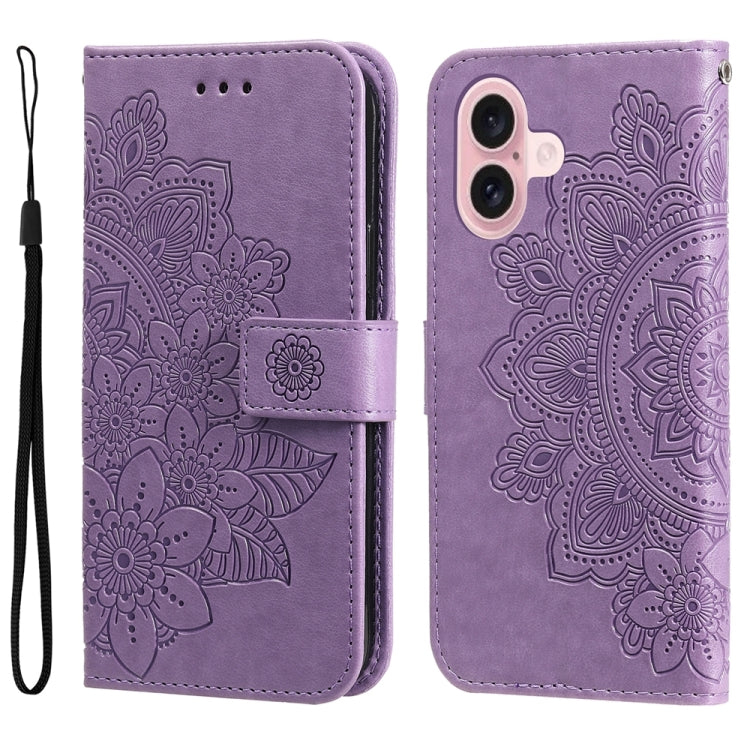 For iPhone 16 Seven-petal Flowers Embossing Leather Phone Case(Light Purple) - iPhone 16 Cases by buy2fix | Online Shopping UK | buy2fix
