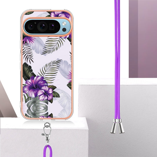 For Google Pixel 9 Pro XL Electroplating IMD TPU Phone Case with Lanyard(Purple Flower) by buy2fix