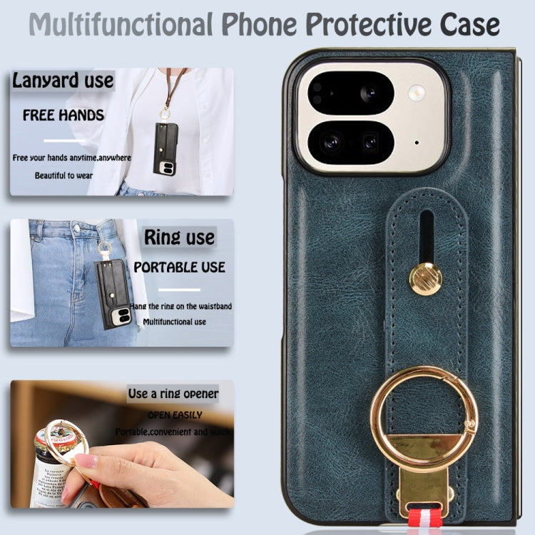For Google Pixel 9 Pro Fold Wristband Leather Back Phone Case(Blue) by buy2fix