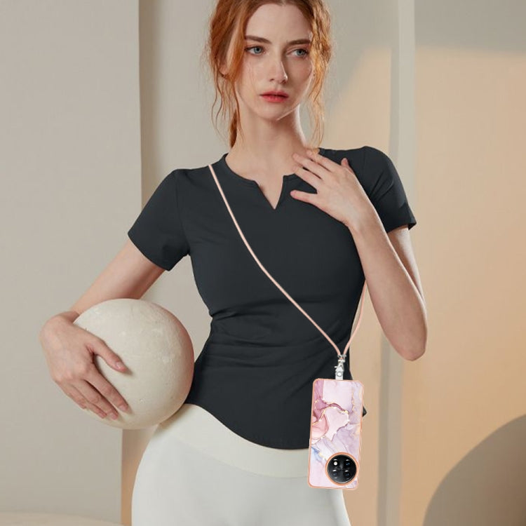 For OnePlus 11 Electroplating Marble Dual-side IMD Phone Case with Lanyard(Rose Gold 005) - OnePlus Cases by buy2fix | Online Shopping UK | buy2fix