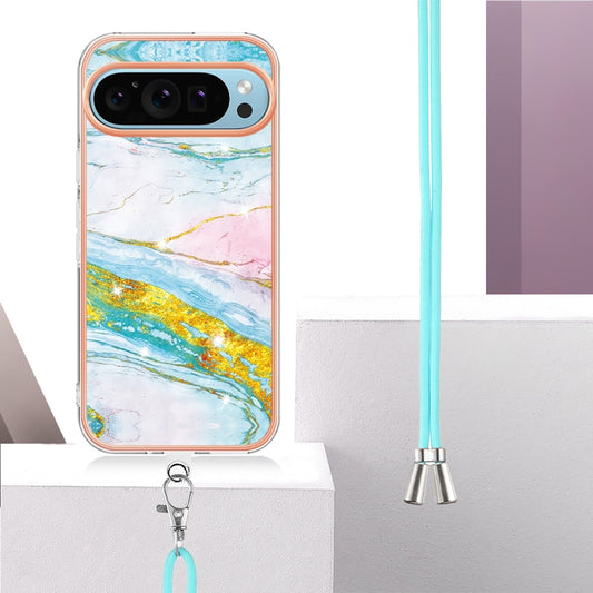 For Google Pixel 9 Pro XL Electroplating Marble Dual-side IMD Phone Case with Lanyard(Green 004) by buy2fix