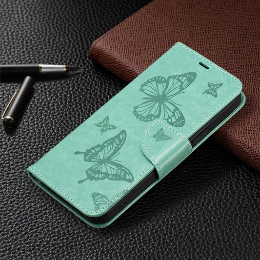 For iPhone 16 Embossing Two Butterflies Pattern Leather Phone Case(Green) by buy2fix