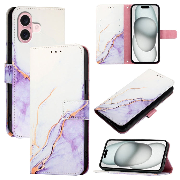 For iPhone 16 PT003 Marble Pattern Flip Leather Phone Case(White Purple) - iPhone 16 Cases by buy2fix | Online Shopping UK | buy2fix