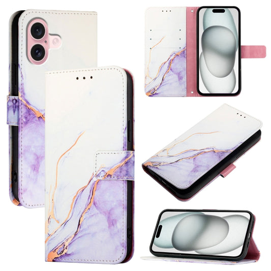 For iPhone 16 PT003 Marble Pattern Flip Leather Phone Case(White Purple) - iPhone 16 Cases by buy2fix | Online Shopping UK | buy2fix