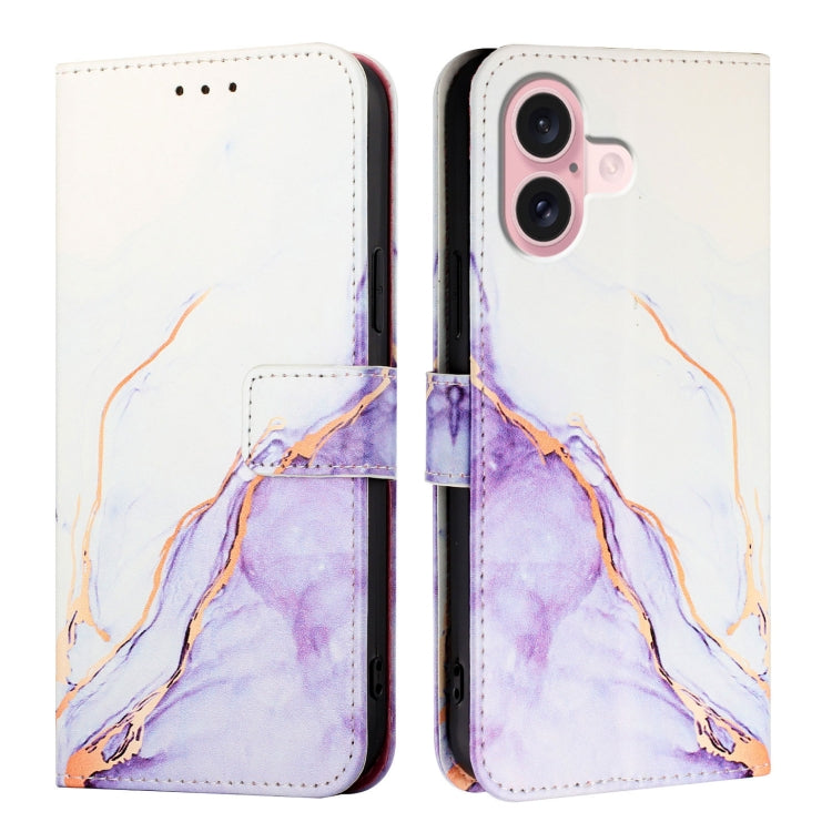For iPhone 16 PT003 Marble Pattern Flip Leather Phone Case(White Purple) - iPhone 16 Cases by buy2fix | Online Shopping UK | buy2fix