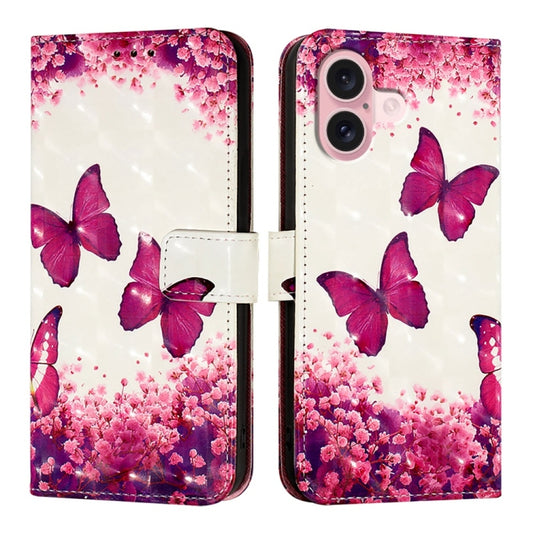 For iPhone 16 3D Painting Horizontal Flip Leather Phone Case(Rose Butterfly) by buy2fix