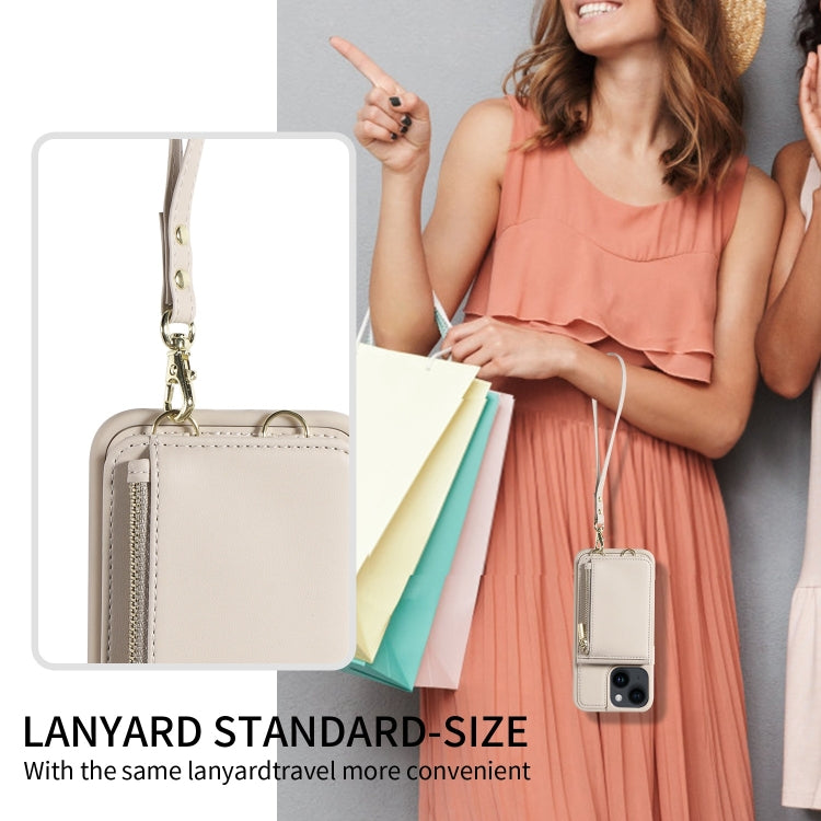 For iPhone 14 Crossbody Lanyard Zipper Wallet Leather Phone Case(Beige) - iPhone 14 Cases by buy2fix | Online Shopping UK | buy2fix