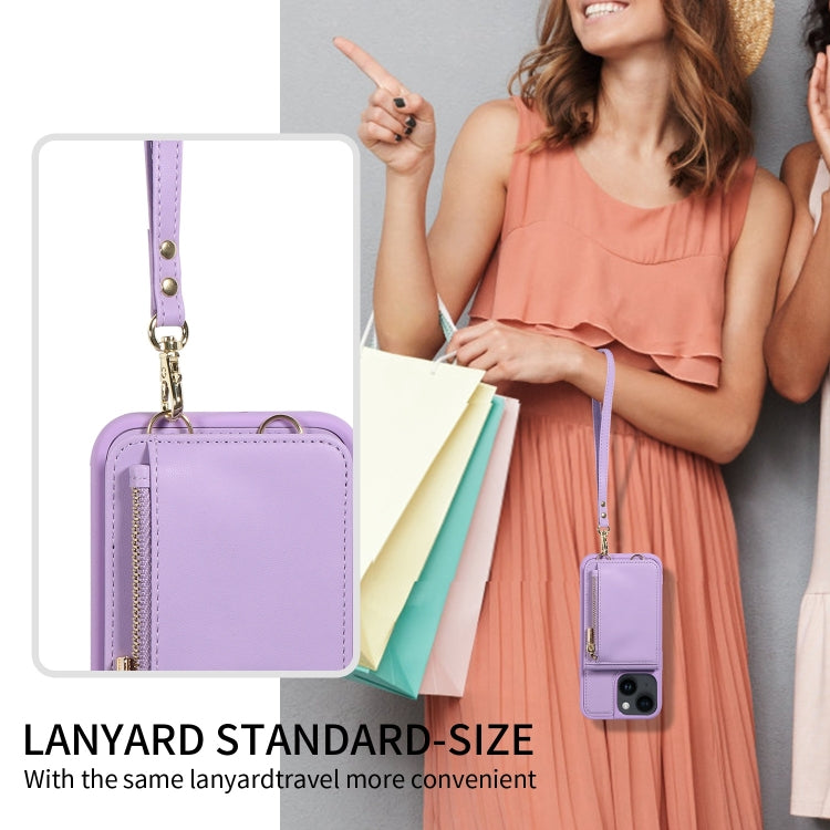 For iPhone 14 Crossbody Lanyard Zipper Wallet Leather Phone Case(Purple) - iPhone 14 Cases by buy2fix | Online Shopping UK | buy2fix