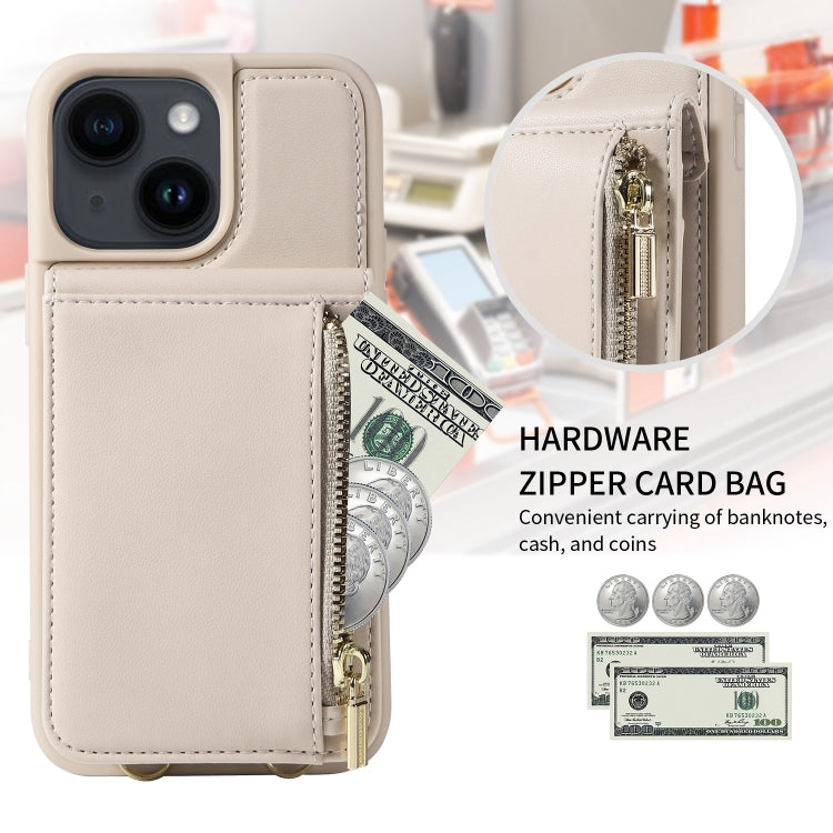 For iPhone 14 Plus Crossbody Lanyard Zipper Wallet Leather Phone Case(Beige) - iPhone 14 Plus Cases by buy2fix | Online Shopping UK | buy2fix