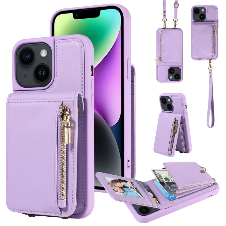 For iPhone 14 Plus Crossbody Lanyard Zipper Wallet Leather Phone Case(Purple) - iPhone 14 Plus Cases by buy2fix | Online Shopping UK | buy2fix