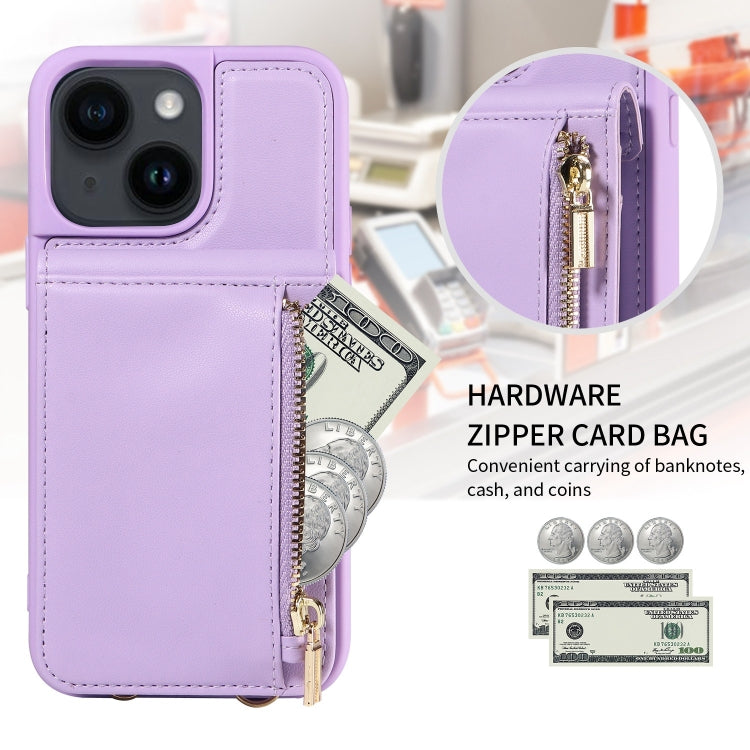 For iPhone 14 Plus Crossbody Lanyard Zipper Wallet Leather Phone Case(Purple) - iPhone 14 Plus Cases by buy2fix | Online Shopping UK | buy2fix