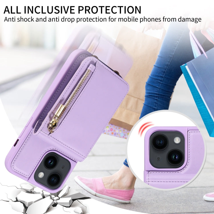 For iPhone 14 Plus Crossbody Lanyard Zipper Wallet Leather Phone Case(Purple) - iPhone 14 Plus Cases by buy2fix | Online Shopping UK | buy2fix