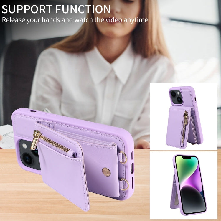 For iPhone 14 Plus Crossbody Lanyard Zipper Wallet Leather Phone Case(Purple) - iPhone 14 Plus Cases by buy2fix | Online Shopping UK | buy2fix