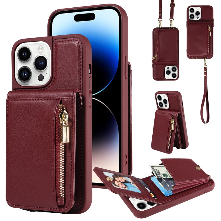 For iPhone 14 Pro Crossbody Lanyard Zipper Wallet Leather Phone Case(Wine Red) - iPhone 14 Pro Cases by buy2fix | Online Shopping UK | buy2fix
