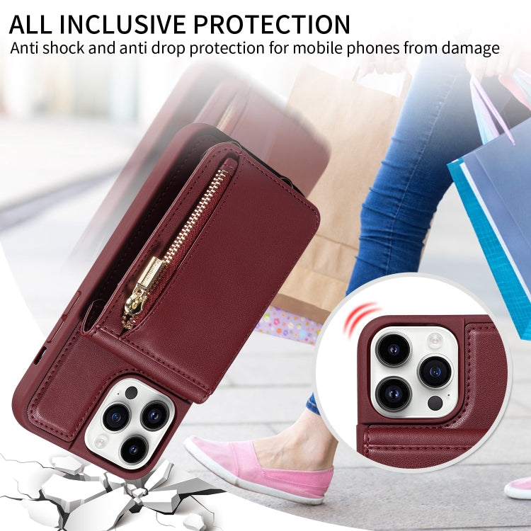 For iPhone 14 Pro Max Crossbody Lanyard Zipper Wallet Leather Phone Case(Wine Red) - iPhone 14 Pro Max Cases by buy2fix | Online Shopping UK | buy2fix