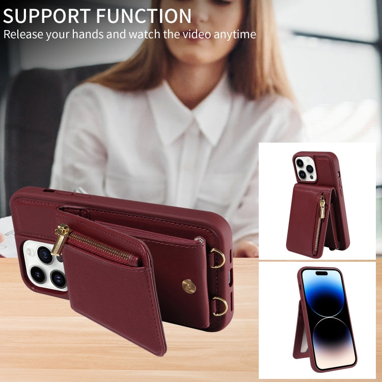 For iPhone 14 Pro Max Crossbody Lanyard Zipper Wallet Leather Phone Case(Wine Red) - iPhone 14 Pro Max Cases by buy2fix | Online Shopping UK | buy2fix