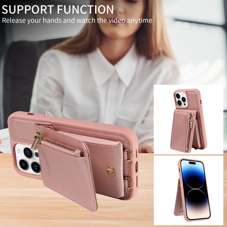 For iPhone 14 Pro Max Crossbody Lanyard Zipper Wallet Leather Phone Case(Rose Gold) - iPhone 14 Pro Max Cases by buy2fix | Online Shopping UK | buy2fix
