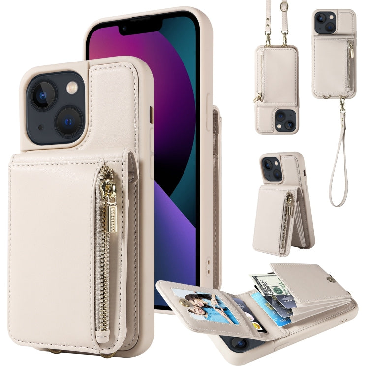 For iPhone 13 Crossbody Lanyard Zipper Wallet Leather Phone Case(Beige) - iPhone 13 Cases by buy2fix | Online Shopping UK | buy2fix