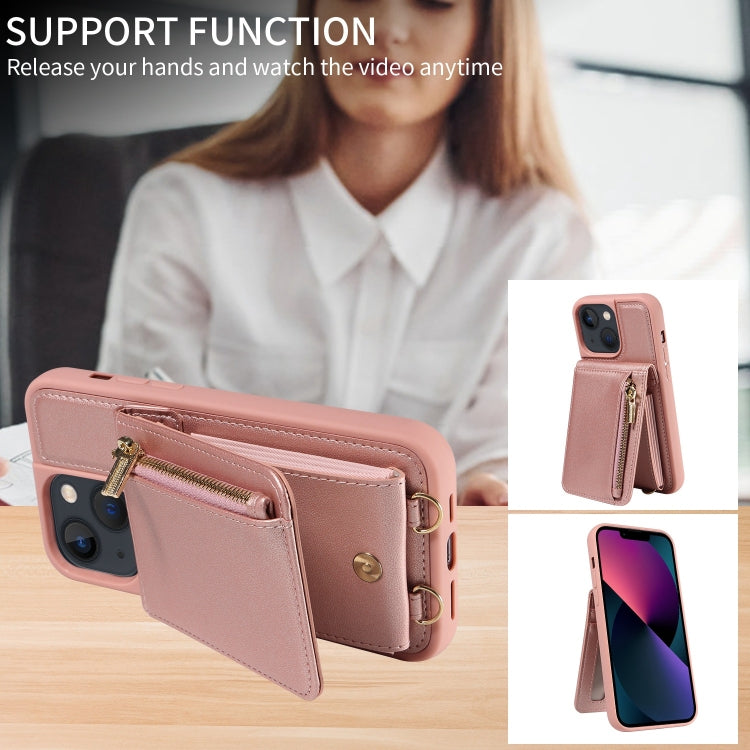 For iPhone 13 Crossbody Lanyard Zipper Wallet Leather Phone Case(Rose Gold) - iPhone 13 Cases by buy2fix | Online Shopping UK | buy2fix