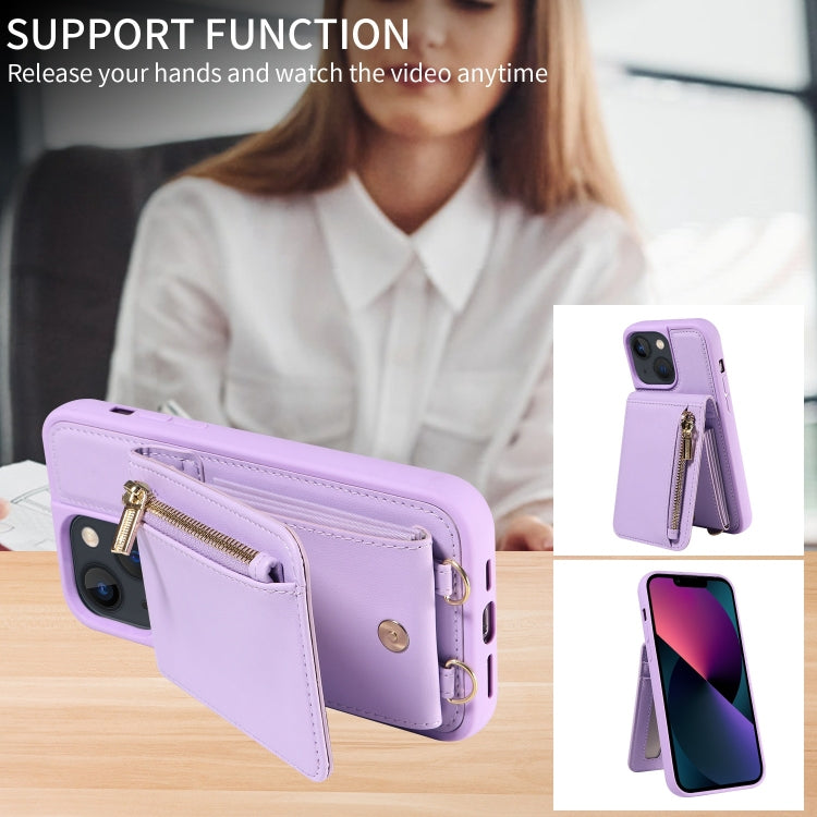 For iPhone 13 Crossbody Lanyard Zipper Wallet Leather Phone Case(Purple) - iPhone 13 Cases by buy2fix | Online Shopping UK | buy2fix